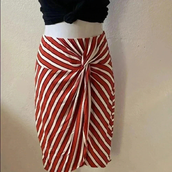 🆕Rust & White Stripe Knot-Front Pencil Skirt L🆕 - Picture 3 of 11